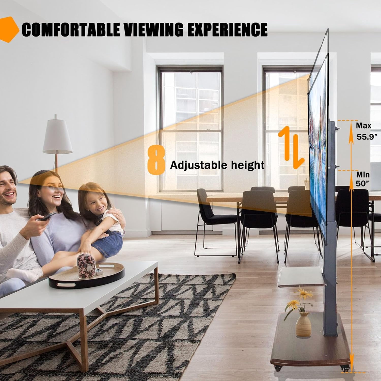 Rolling TV Stand with Power Outlet for 32 to 65 70 75 80 inch TVs up to 132 lbs Adjustable Mobile TV Cart with AV Shelf Portable Mobile TV Stand with Wheels for Outdoor, Bedroom, Living Room