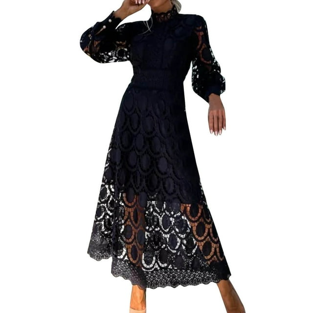 Birdeem Robes pour Femmes Robe d'Été en Dentelle pour Femmes à Manches Bouffantes, Taille Cintrée, Unie, Col Rond