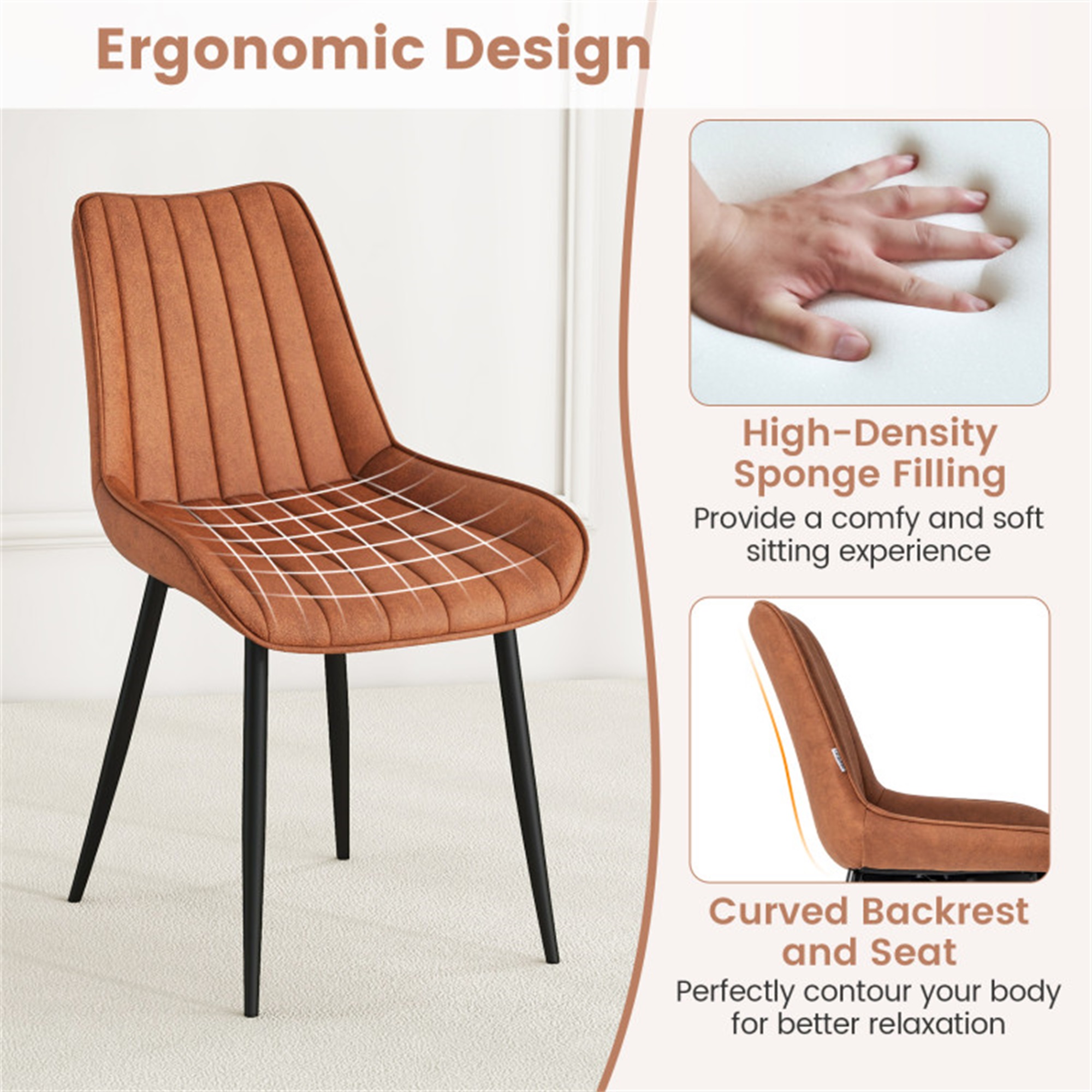 Demi Bonn Set of 2 Faux-Leather Fabric Dining Chair with Metal Legs and Padded Seat for Dining Room Living Room, Brown