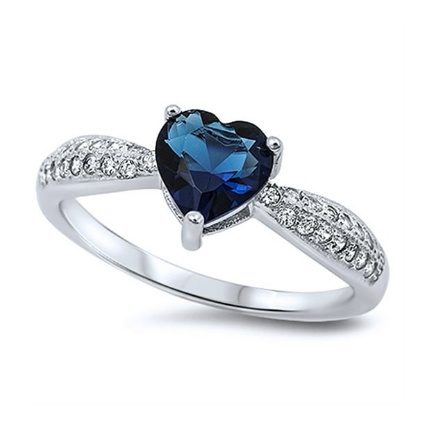 Men Women Sterling Silver Heart Deep Blue Color CZ Promise Ring 7MM ...