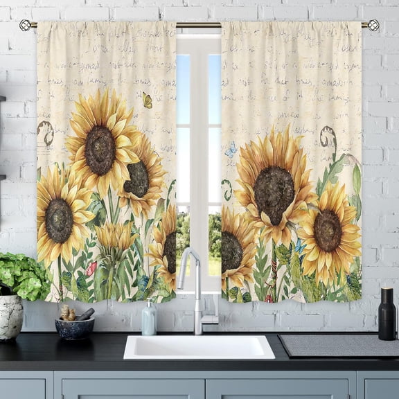 Rustic Sunflower Curtains, Yellow Floral Curtains for Farmhouse Kitchen, Country Fall Retro Plant Butterfly Decor - 27.5Wx39H Inch Rod Pocket 2 Panels Small Window Treatment Set