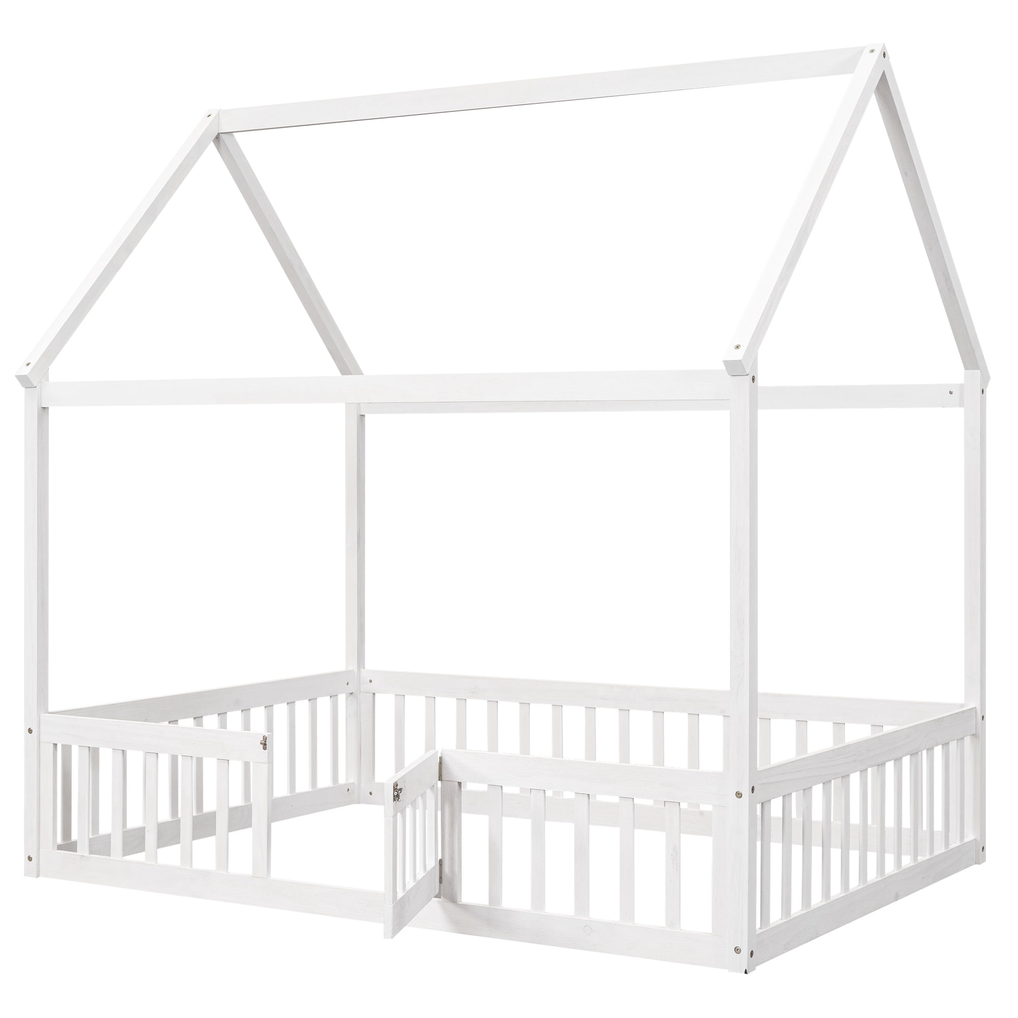 Harper & Bright Designs House Floor Bed with Fence & Roof, Full Size Wood Playhouse Bed Frame wih Rails & Door for Boys Girls, White