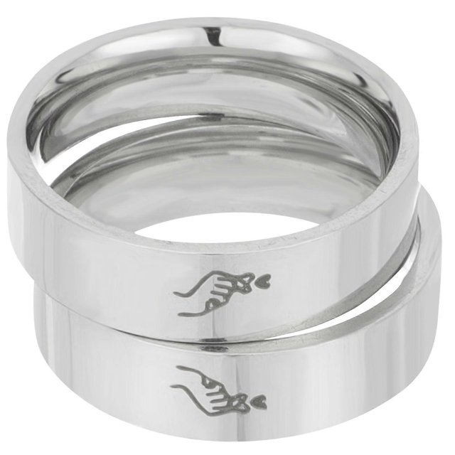 1 pair matching promise rings couples love rings finger rings for engagement wedding silver stainless steel couple bands with small engraved hand-and-heart motif, polished flat profile, close-up front-facing view on white background, dimensions about 0.86 x 0.86 x 0.24 in (2.20 x 2.20 x 0.60 cm); suitable as promise, friendship or wedding rings.