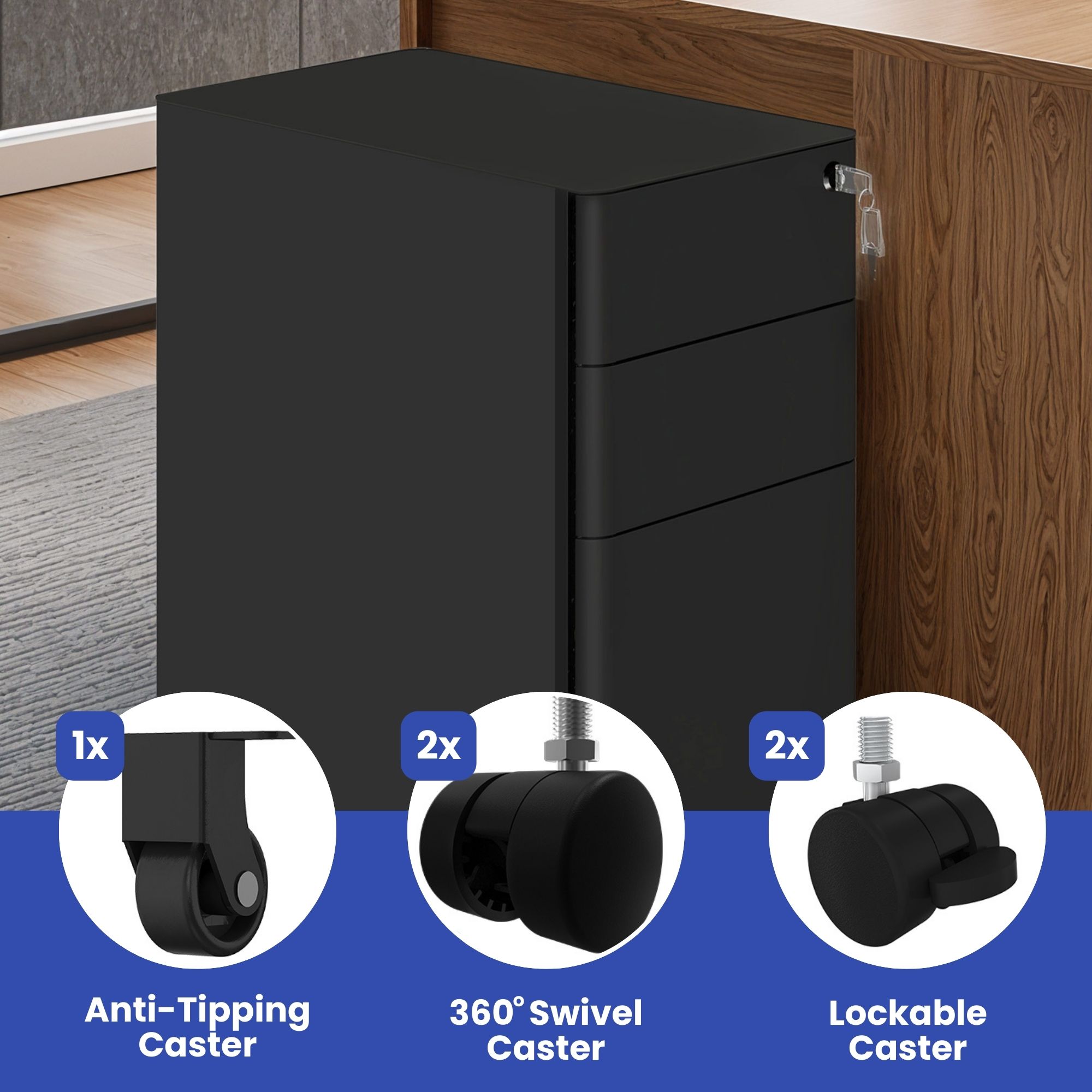 Wooflex Slim 3-Drawer Lockable File Cabinet for Home and Office – Mobile Steel Storage with Anti-Tipping Design, Caster Wheels, Durable Black Finish, Compact Document Organizer
