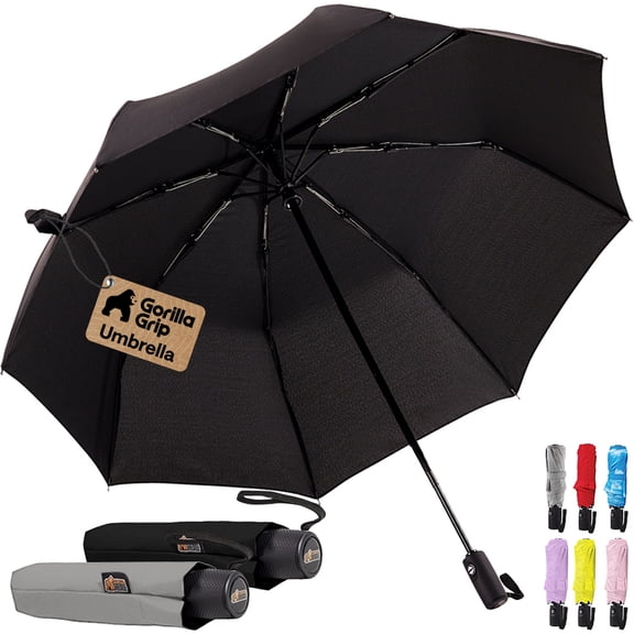 GORILLA GRIP Wind and Tear Resistant Compact Rain Umbrella, 11.5 inch Compact Size, Black