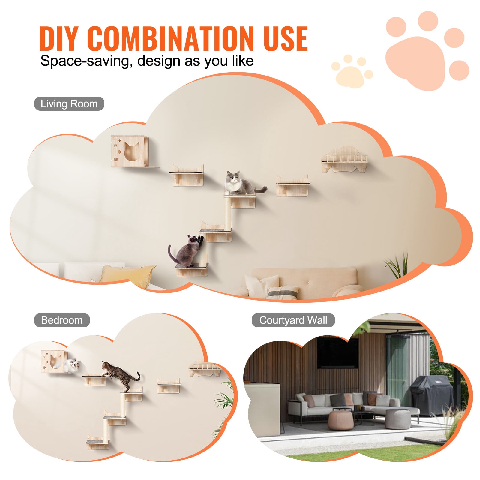 KFFKFF Set of 5 Cat Wall Mounts, Wall-Attached Cat Perches Up to 40 Lbs, Cat Wall Shelves for Resting, Engaging, Ascending