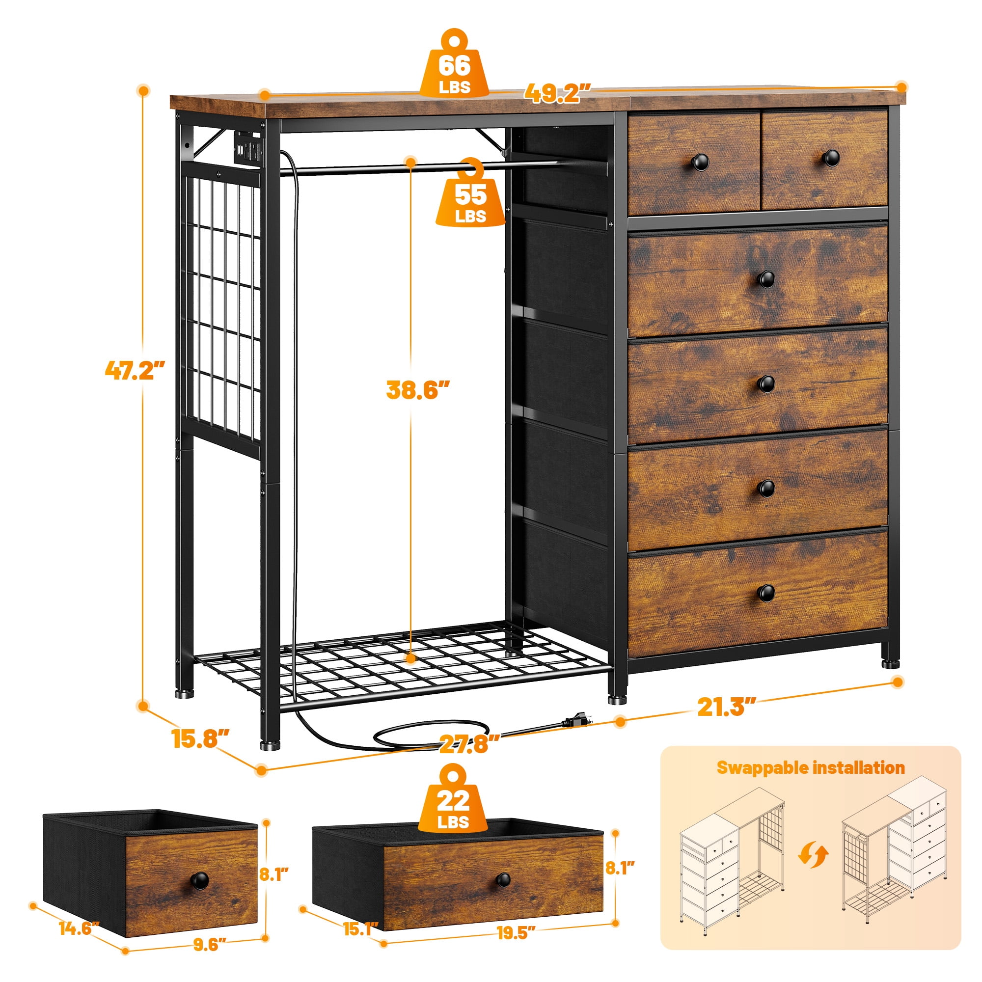Snhomee Modern Dresser with Clothes Rack Bedroom Dresser with Hanging Rack & Side Storage Drawers Dresser with Fabric Drawers & LED Lights