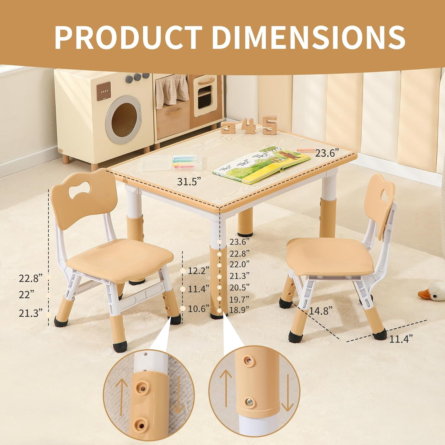ZJTER Toddler Table and 2 Chairs, Height-Adjustable Kids Table and Chairs Set, 31.5''L x 23.6''W Children Activity Table for Boys and Girls Aged 3-8