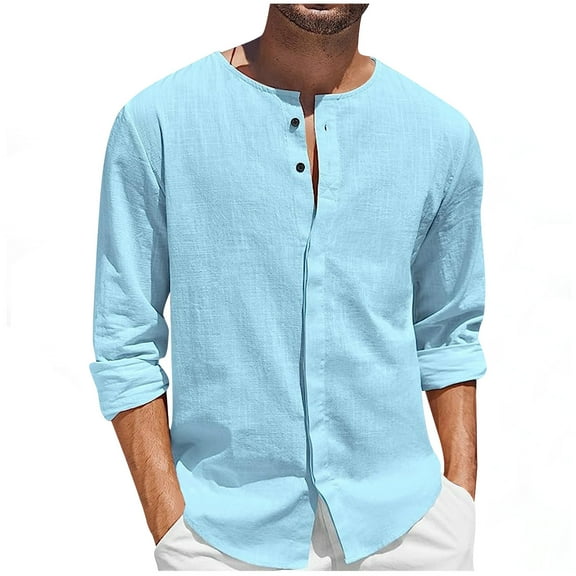 Under $10 Linen Shirts for Men Lightweight Long Sleeve Regular Fit Button Down Shirt Casual Summer Beach Collarless T Shirts Tops