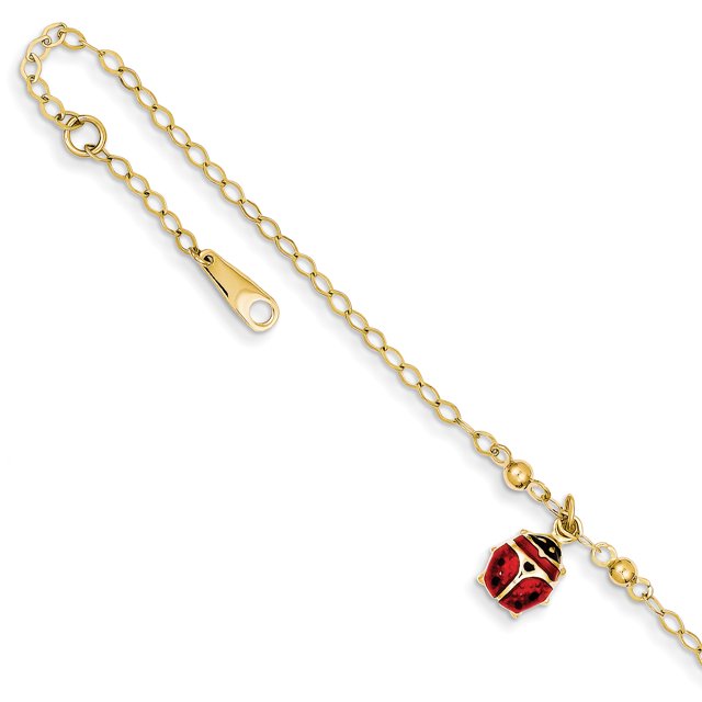 14k Yellow Gold Adjustable Ladybug 9 Inch Plus 1 Anklet Ankle Bracelet Insect Arachnid