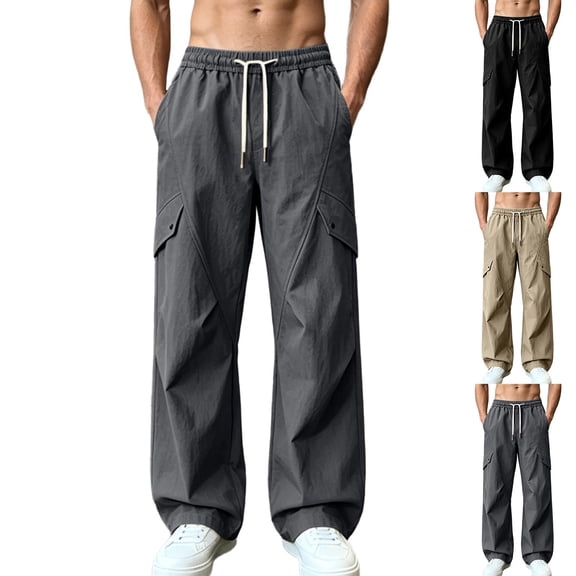 Danhjin Men's Cargo Pants Wide Leg Elastic Waist with Drawstring Work Casual Hiking Camping Pants Loose Solid Color Trousers with Pockets