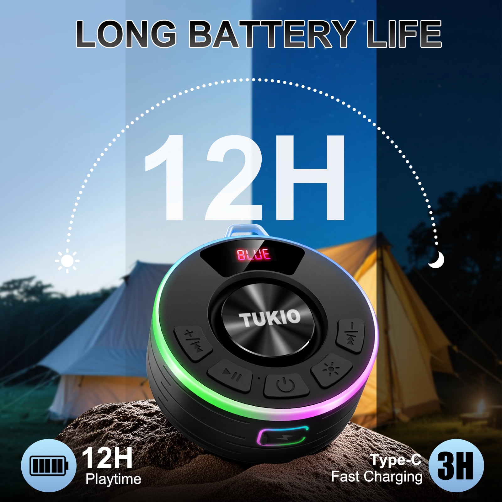 Tukio Bluetooth Speaker, IPX7 Waterproof Shower Speaker with Suction Cup, Mini Portable Speaker, 12H Playtime, Bluetooth 5.4, 360° Sound, RGB LED, Hands-Free Calls, Outdoor Pool Beach Gifts, Black