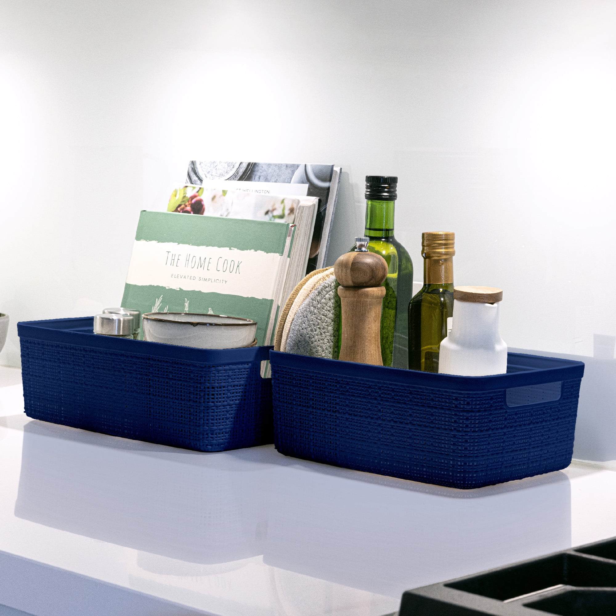 Curver Set of 6 Jute Basket Small Durable Resin Organization and Storage Basket Bin, Blue