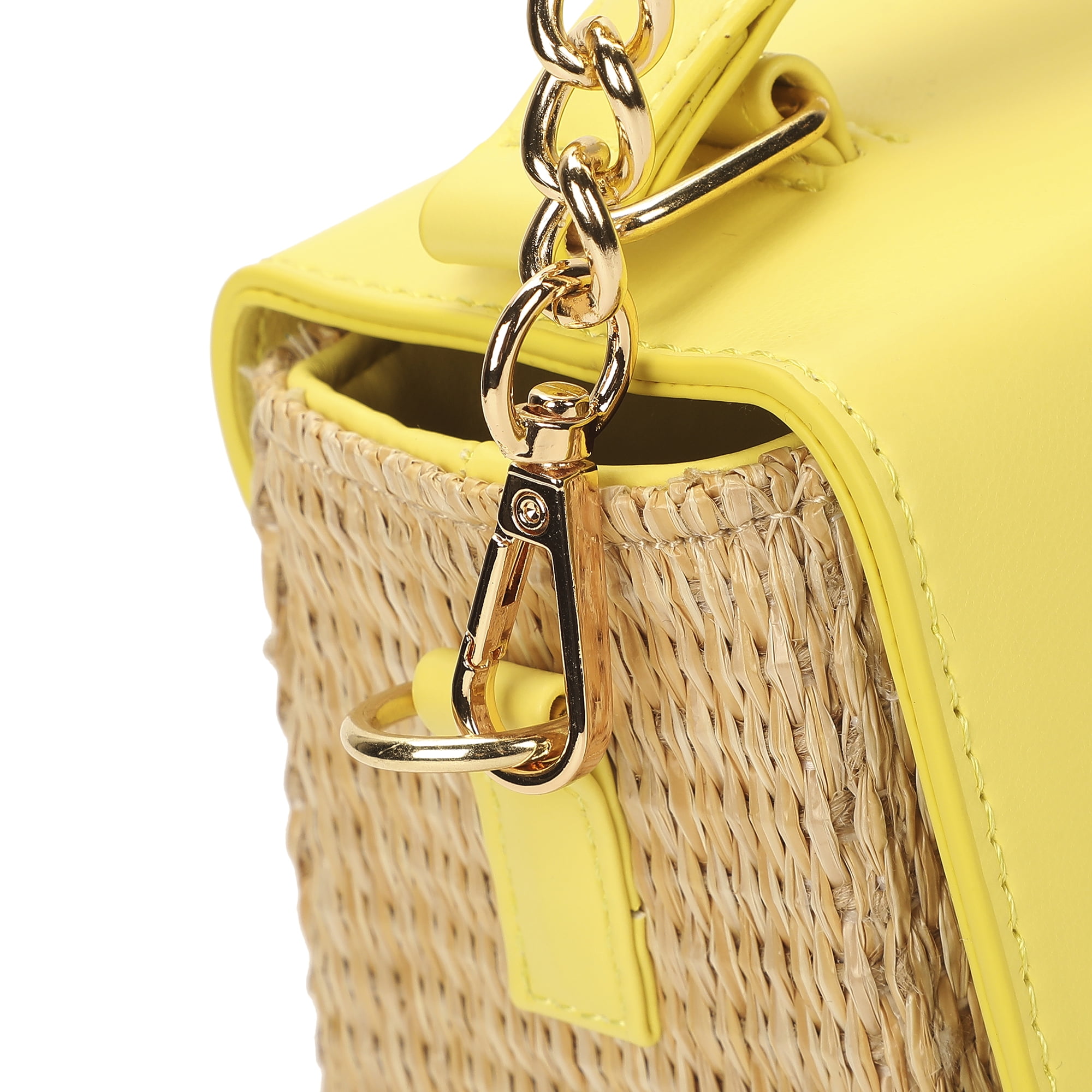 Packed Party Women's Woven Straw Crossbody Bag with Faux Leather Scallop and Chain Strap, Yellow