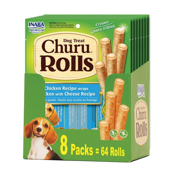 INABA Rouleaux de Churu pour Chiens, Friandises Moelleuses et Moelleuses pour Poulet Enveloppé de Poulet avec Vitamine E, 0,42 Onces par Bâton, 64 Bâtonnets (8 par Paquet), Poulet avec Recette de Fromage