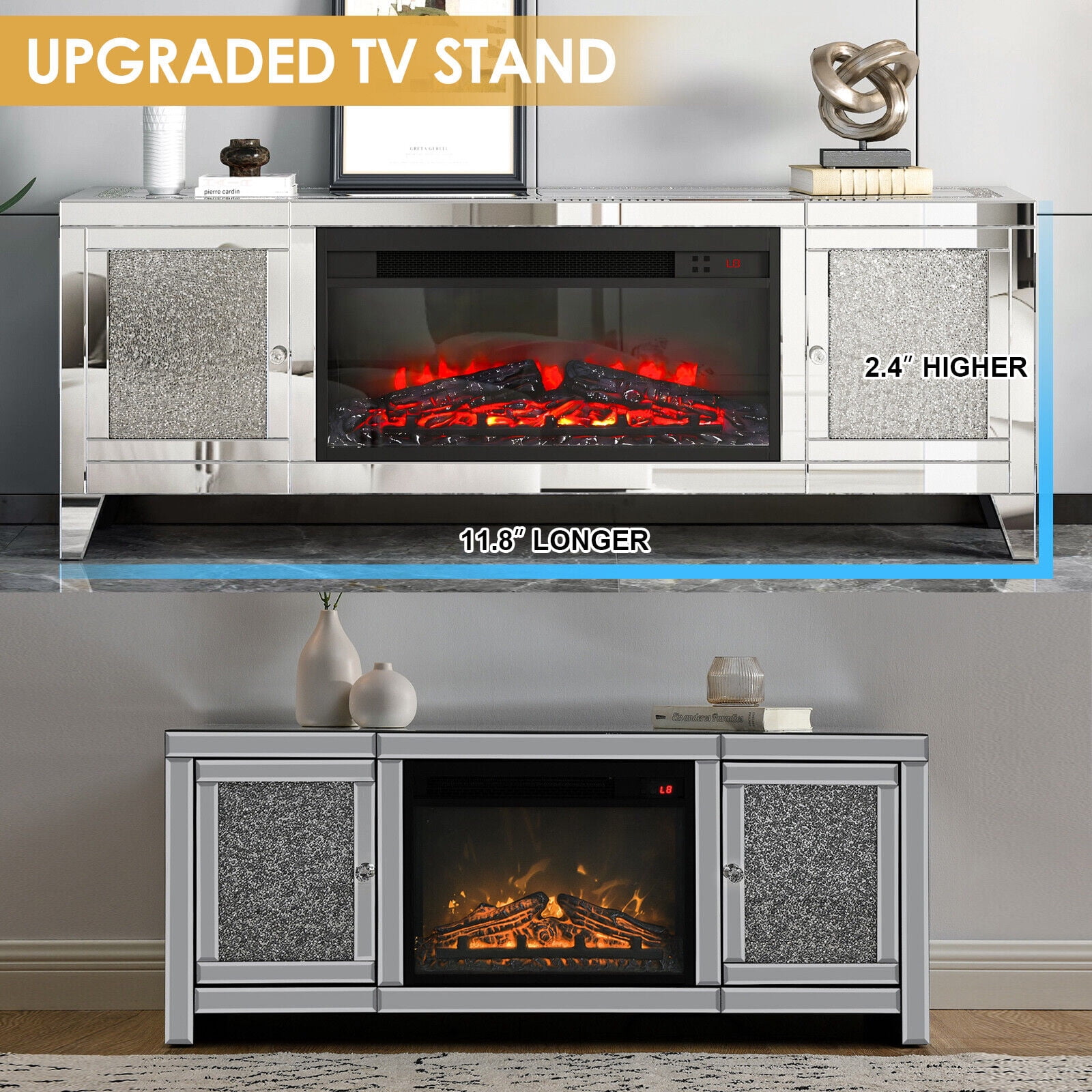 COSVALVE 59" Modern Silver LED TV Stand Electric Mirrored Fireplace Crushed Diamond Entertainment Center Cabinet for 65 Inch TVs Living Room