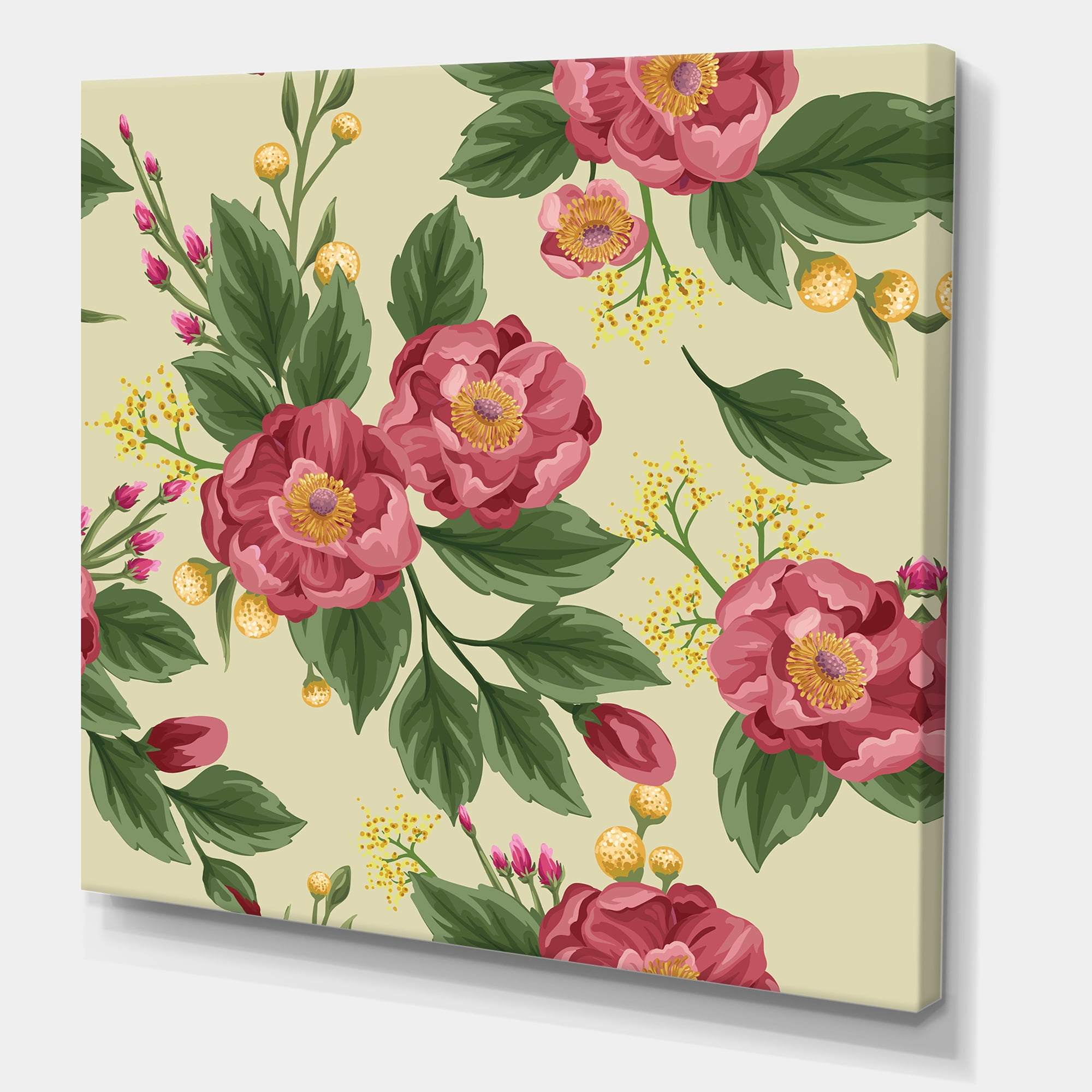Designart ' Vintage Sweet Peas and Peonies On Beige ' Traditional Canvas Wall Art Print