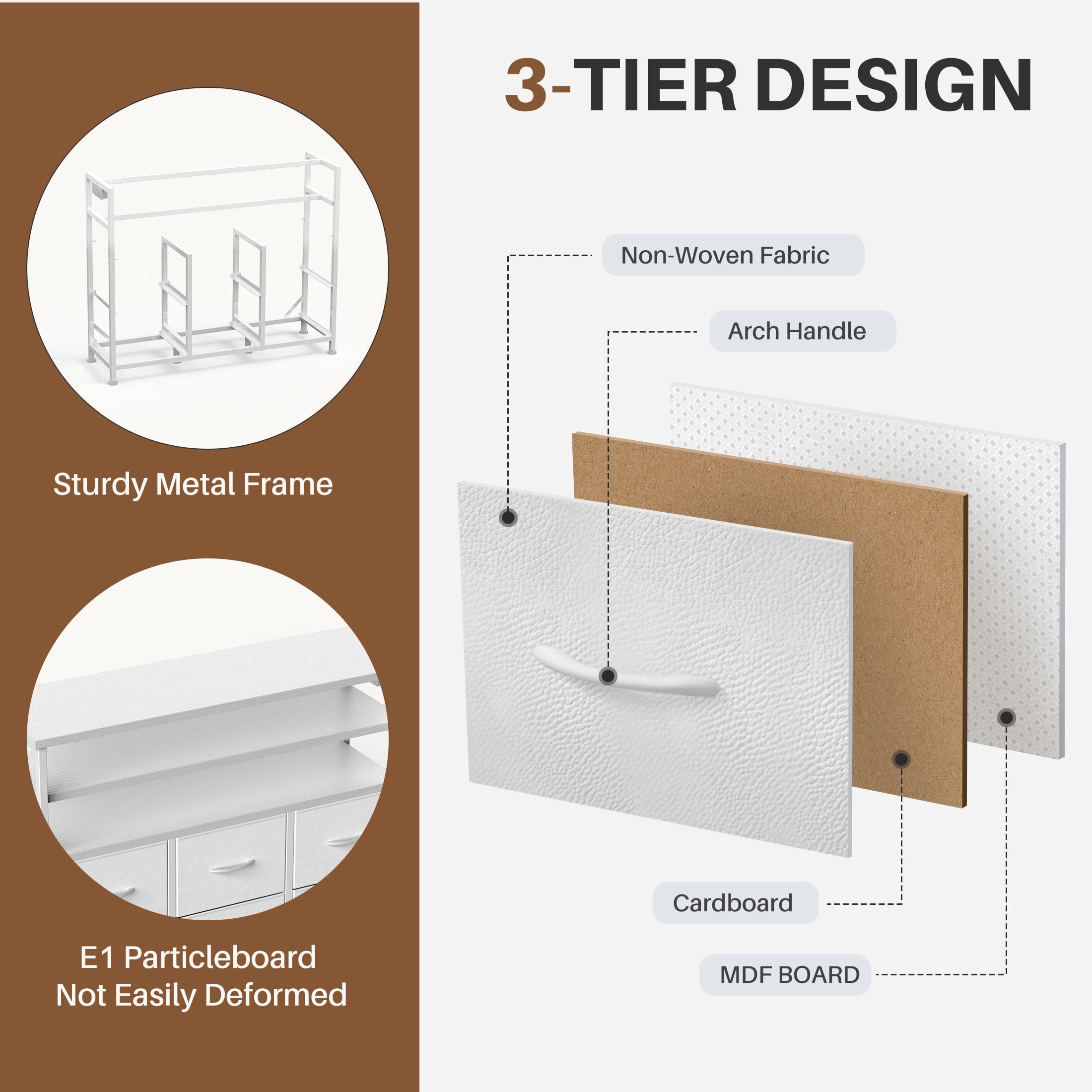 EDX 6-Drawer Fabric Dresser with Power Outlets and LED Light, Storage Organizer and TV Stand for Bedroom, Living Room, Hallway, White