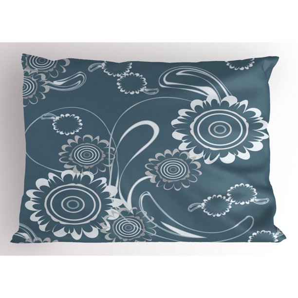 Grey Blue Pillow Sham Abstract Blossoming Petals with Abstract Swirls Romantic Flowers