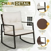 SOLAURA 3-Piece Outdoor Rocking Chairs Set with Table Patio Brown Wicker Bistro Set for Garden, Backyards and Pools, Beige Cushions