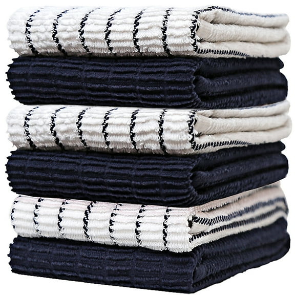 Premium Kitchen Towels (16x 28, 6 Pack) Large Cotton Kitchen Hand Towels Chef Weave Design 380 GSM Highly Absorbent Tea Towels Set With Hanging Loop Navy