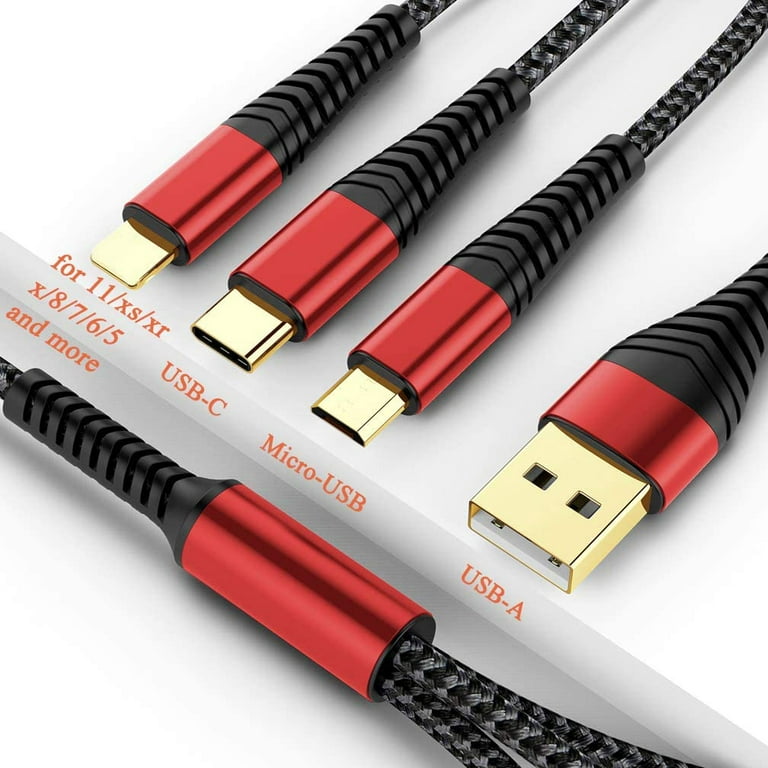 3in1 Fast Charging Nylon Data Cable Micro USB Type C IOS for Phone Tablet 2M/6ft