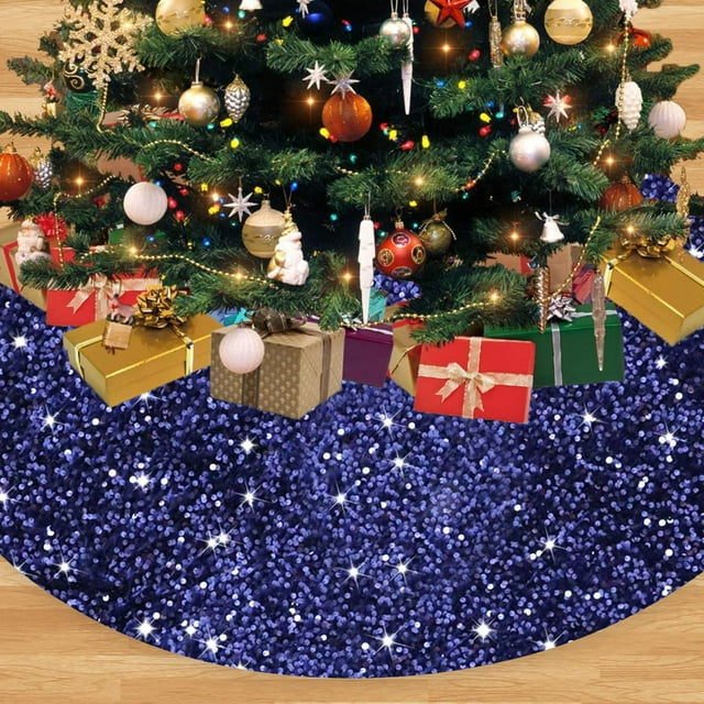 Falda para árbol de Navidad FANPROMS, de terciopelo con lentejuelas, color azul marino, 120 cm