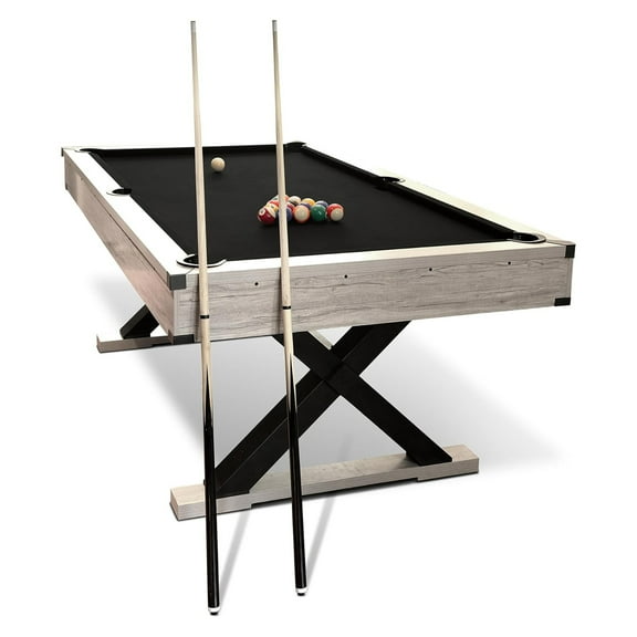 M optimized 7 FT Pool Table, Billiard Table with 2 Cue Sticks, Billiard Balls, Cues, Cleaning Brush, X-Legs, Rustic Grey, 84"L x 46.5"W x 32.7"H