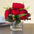 thumbnail image 2 of Enova Home Artificial Flowers Mixed Silk Peony Fake Flowers in Cube Glass Vase with Faux Water for Home Office Wedding Decoration (Red), 2 of 3