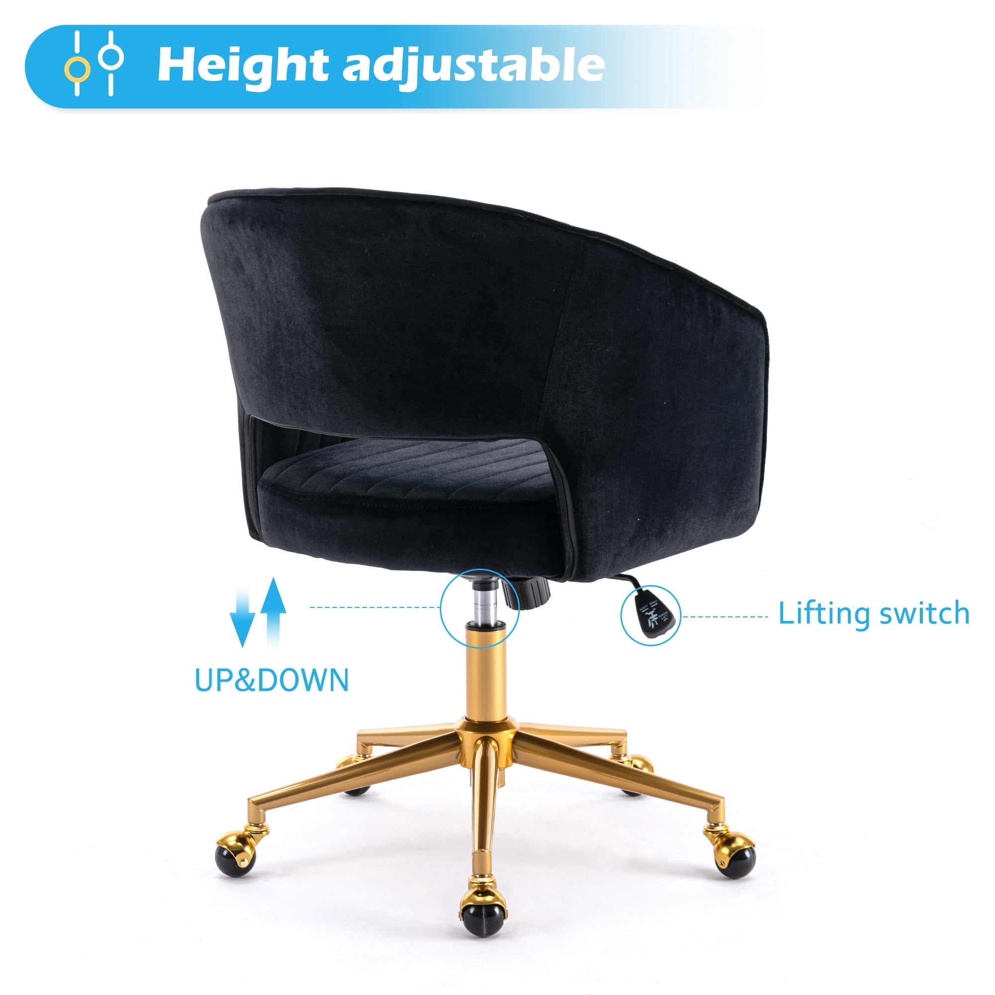 KCC Velvet Office Chair for Women, Swivel Vanity Desk Chair with Gold Base and Wheels, Adjustable Upholstered Chair for Bedroom, Makeup Room and Home Office(Black)