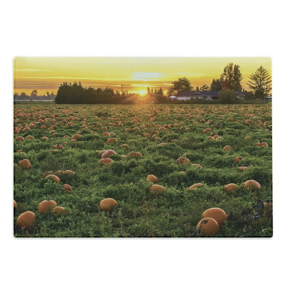 Autumn Pumpkin Cutting Board, Agriculture Themed Photo of Fall Seasonal Fruit Patch at Sunset Time, Decorative Tempered Glass Cutting and Serving Board, in 3 Sizes, by Ambesonne