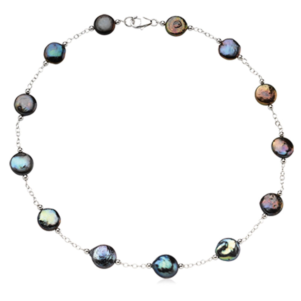 12-13mm Black FW Cultured Coin Pearl & Sterling Silver 18-Inch Necklace by Black Bow Jewelry Company