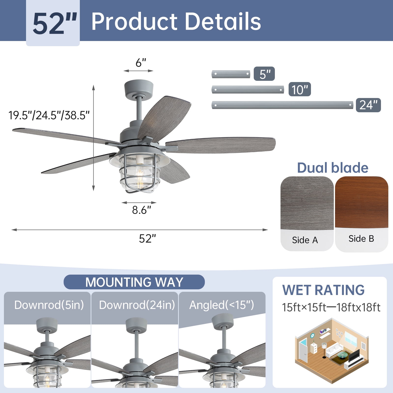 Sofucor 52 inch Ceiling Fan with Light 5 Wood blads with 2 colors, Dimmable, Reversible, Quiet Motor