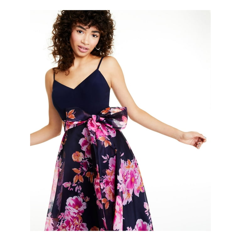 ELIZA J Womens Navy Floral Spaghetti Strap V Neck Full Length Evening Fit Flare Dress Juniors 8
