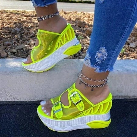

Women s Ultra Thick Platform Heeled Shoes Max Cushioning Sandals with Clear Strap Closure for Vacation Daily(Green 36)
