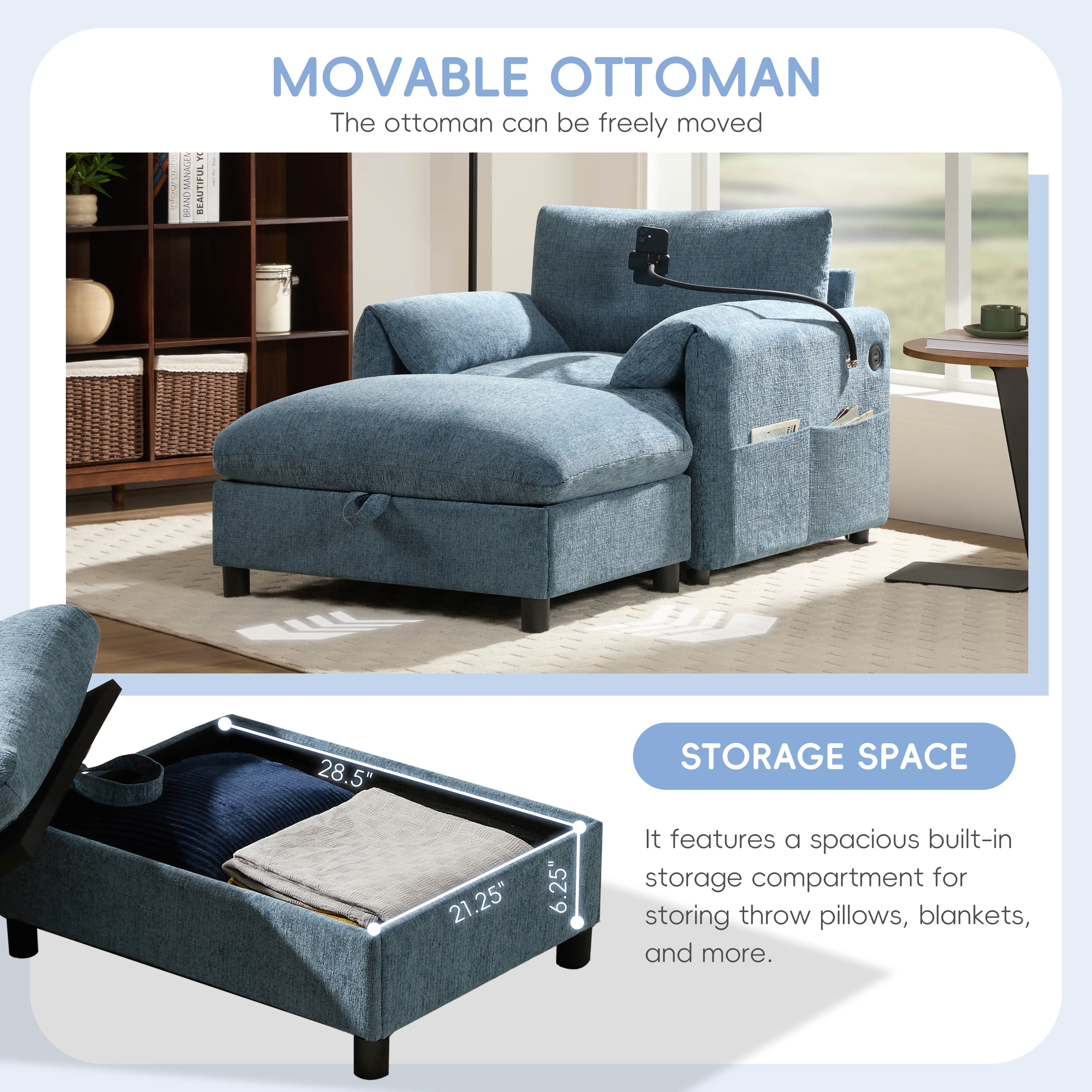 Accent Chair, Single Sofa, Chaise Lounge with Oversized Storage Ottoman and Adjustable Phone Holder, Chenille Armchair with Pillow Armrests and Side Pockets, for Living Room, Blue