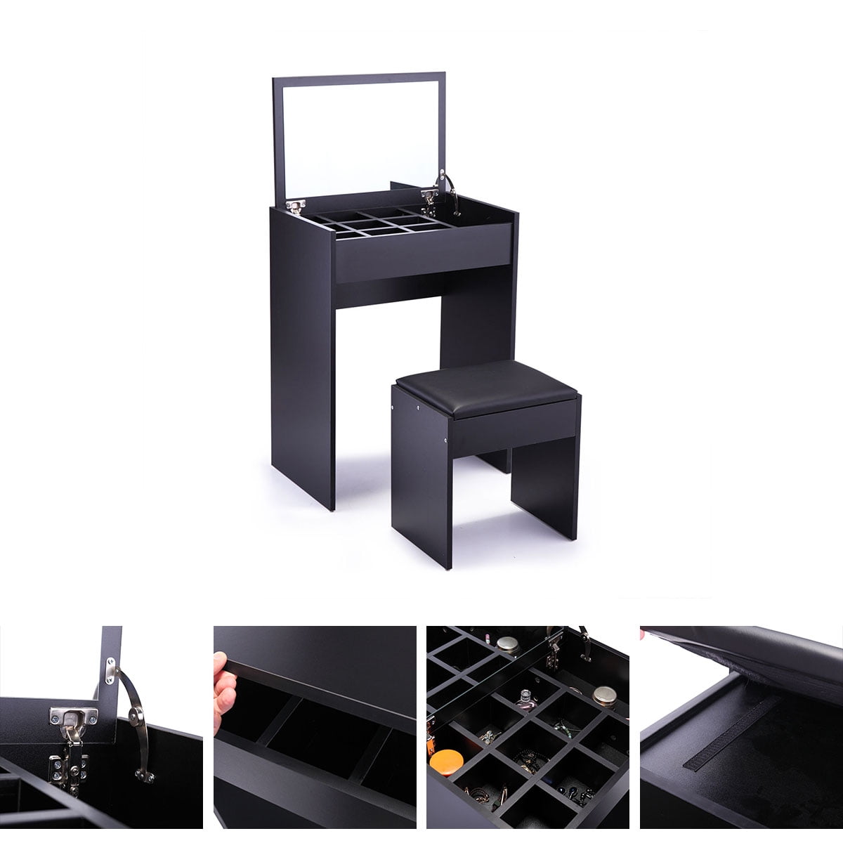 Kepooman Multipurpose Vanity Set, Makeup Dressing Desk with Cushioned Stool & Reversible Mirror & Storage - Black Kepooman Multipurpose Vanity Set, Makeup Dressing Desk with Cushioned Stool & Reversible Mirror & Storage - Black