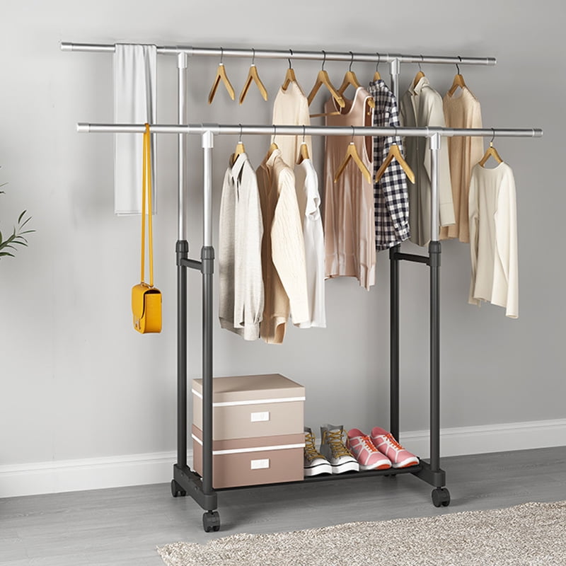 Clothes Rail Double Garment Coat Hanging Display Stand With Shoe Rack On Wheels 