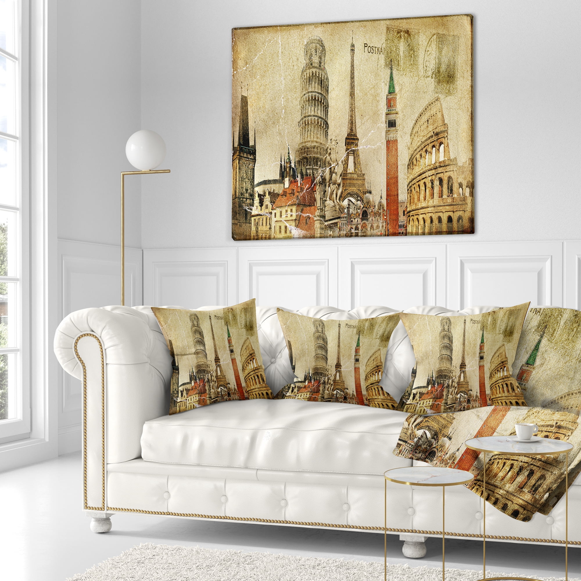 Designart Vintage Postal Card - Contemporary Throw Pillow - 16x16