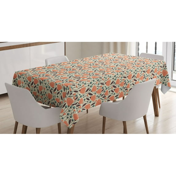 Floral Tablecloth, Garden Plantation Leaves and Blossoms Pattern, Rectangle Satin Table Cover Accent for Dining Room and Kitchen, 52" X 70", Salmon Teal, by Ambesonne