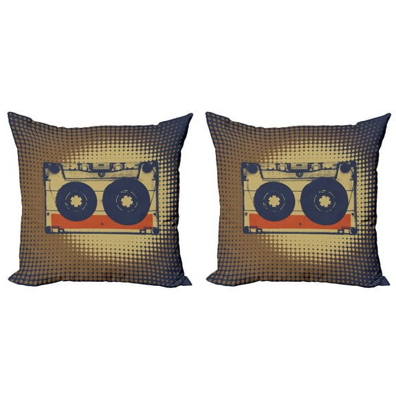 Ambesonne Vintage Throw Pillow Cover 2 Pack, Audiocasette Music Fun, 16", Night Blue Tan Orange