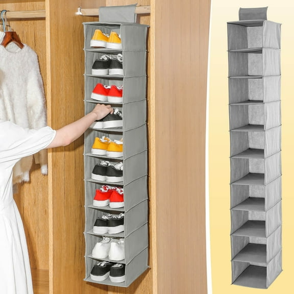 Hanging Closet Shoe Organizer with 10 Fabric Shelves for 10 Pairs of Shoes, Compact Space-Saving Design Fits Standard Closet Rods for Wardrobe Storage NAJKZA | Grey
