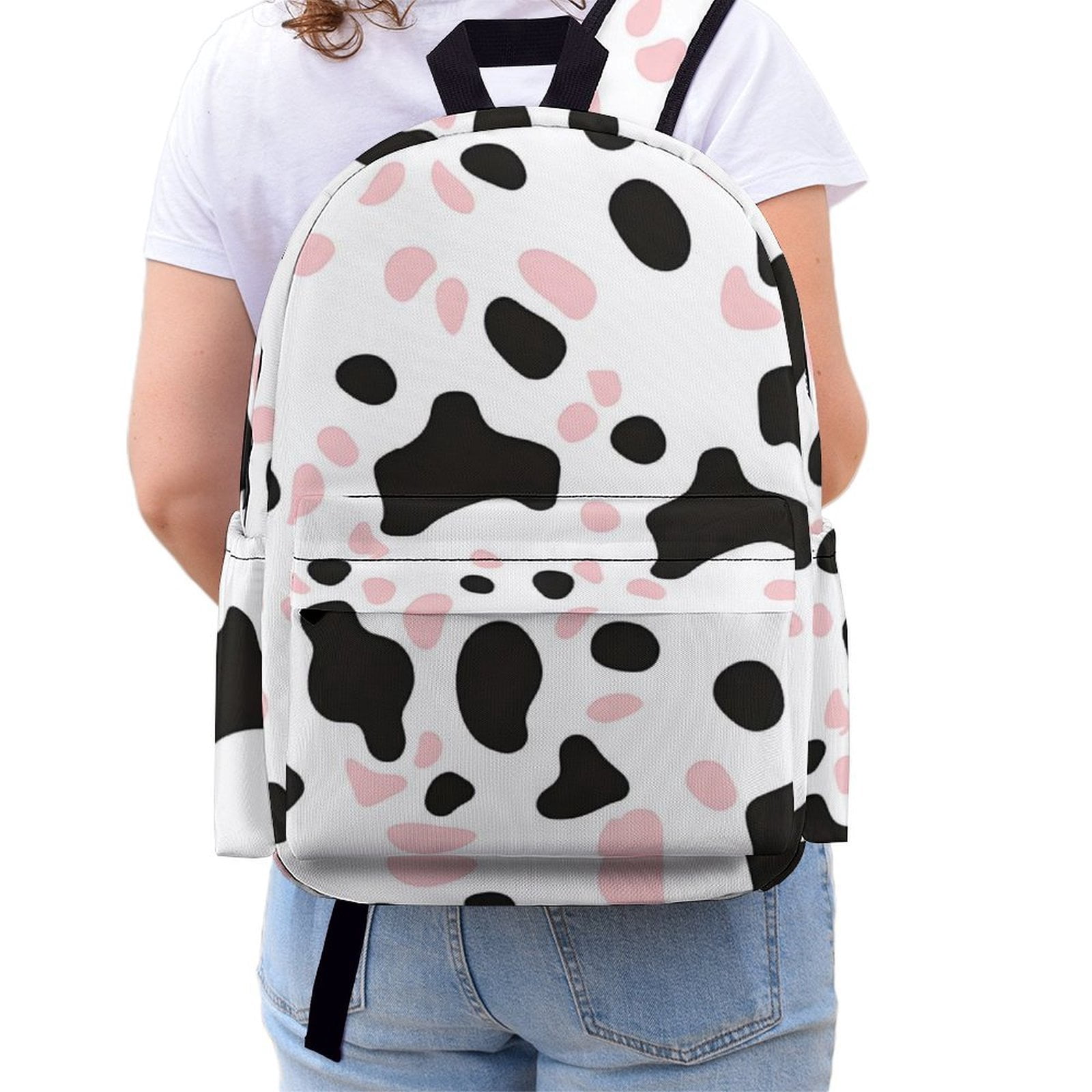 Large Capacity Half Print Backpack 11.8×16.5×5.9in Multifunctional Zipper Design Convenient Switch Simple Cow Print Pattern White Background, Pink And White_1