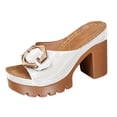 thumbnail image 5 of Rokment Women's Platform Heels Slides Sandals Ladies Fashion Casual Leather Metal Buckle Peep Toe Chunky Block Extra Heeled Dressy Slip on Comfortable Walking Summer Backless Shoes White Size 8.5, 5 of 5