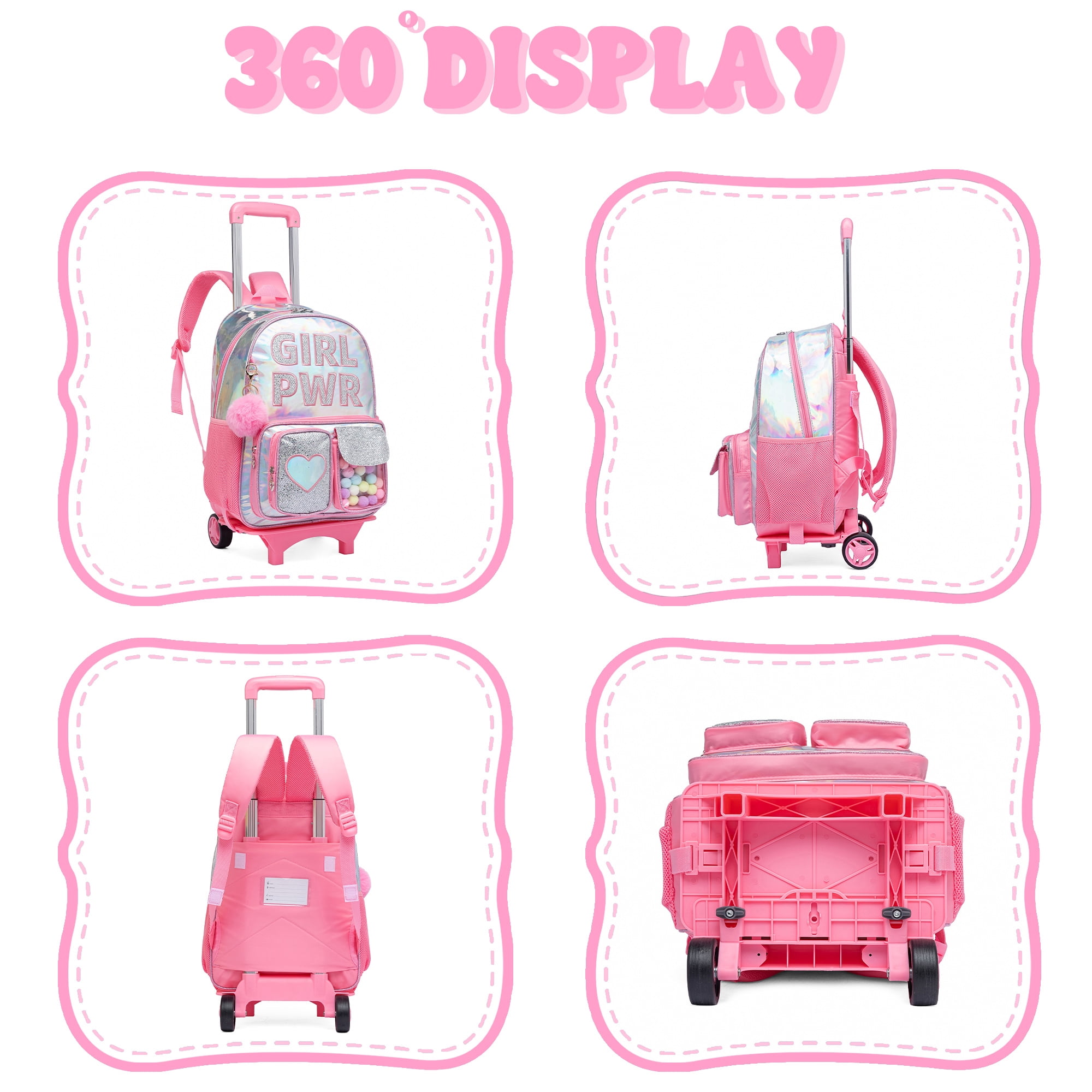 Sequin Kids Rolling Backpack with Wheels Roller School Girls Bookbag with Lunch Box Carry on Suitcase for Ages 6-12