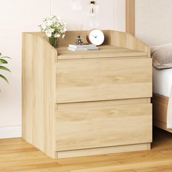 Nightstand with Drawers - Bedside Table Wood End Table with Storage Modern Bed Side Table 2 Drawers Night Stand Wide End Table with Handle for Living Room Bedroom