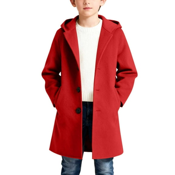 Xdegoge Boys Winter Wool Coat Hooded Long Overcoat Warm Outerwear for Kids Long Sleeve Fashion Jackets with Pockets