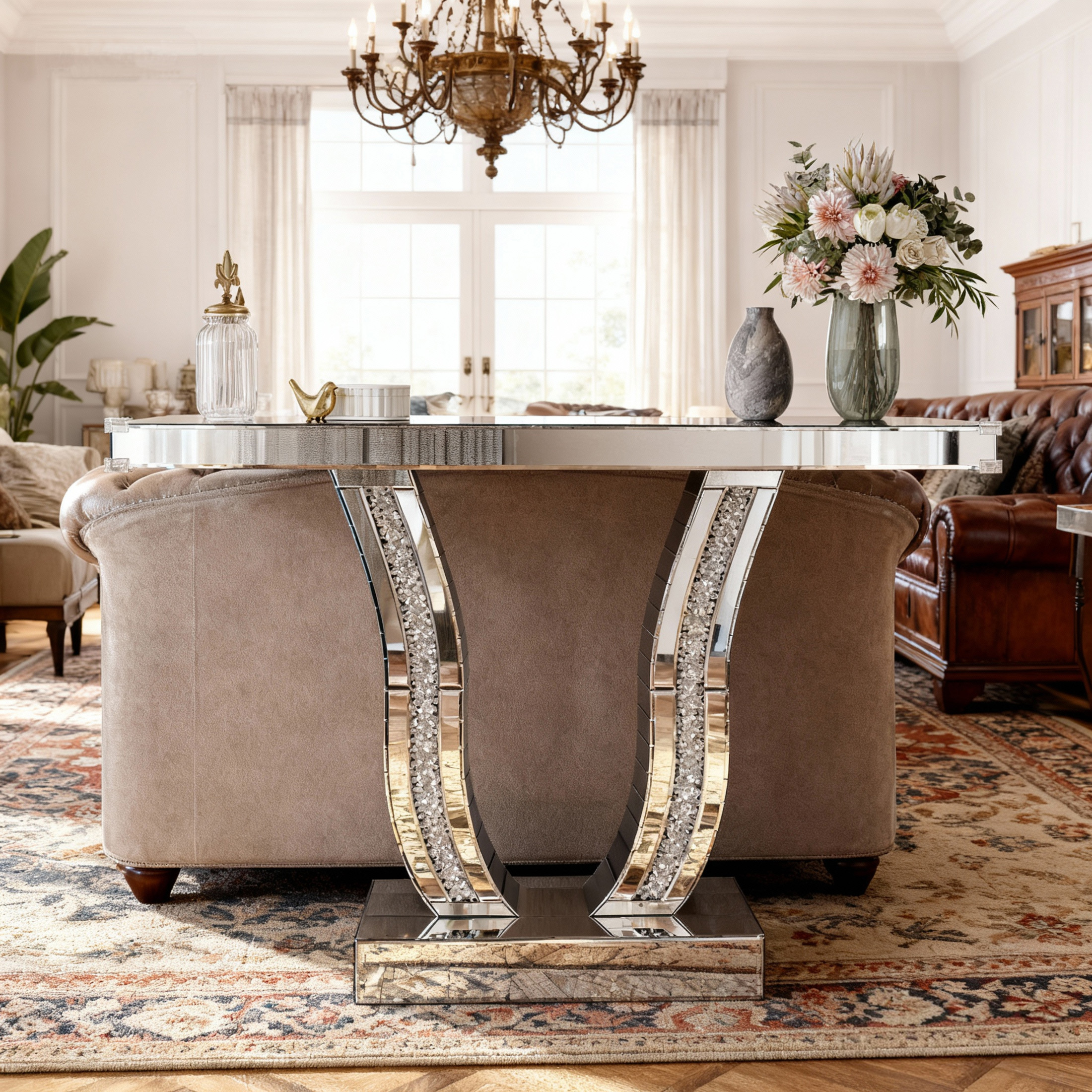 Noble House Mirrored Console Table, Modern Silver Entryway Sofa Table with Curved Stone-Inlaid Legs, Silver Glam Entryway Table,Silver