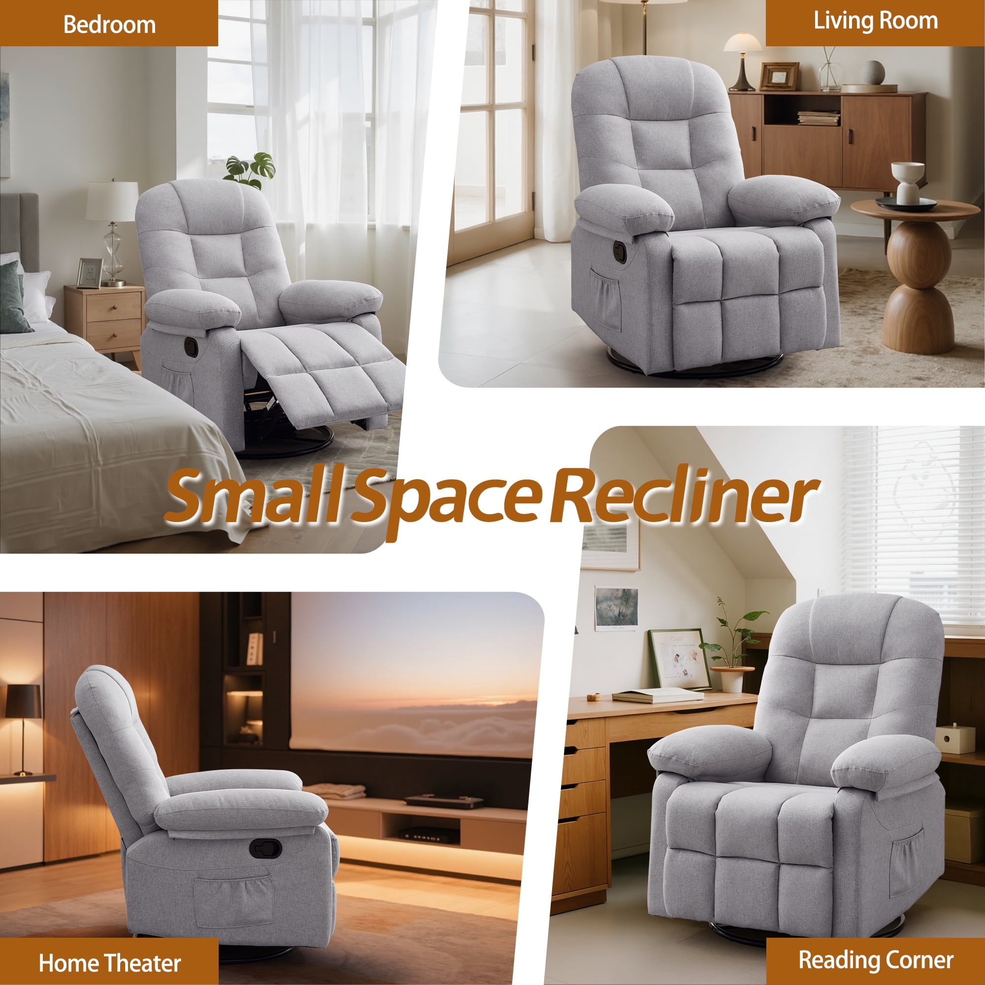 Korser Manual Swivel Rocker Recliner Chair for Living Room,Small Recliner Sofa for Small Spaces,Linen Fabric,Light Grey