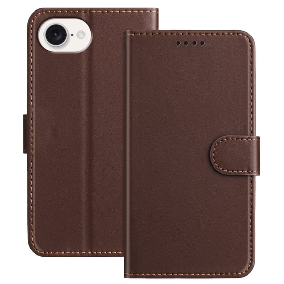 Wallet Case for iPhone 16e, Shockproof PU Leather Magnetic Flip Cover with Credit Card Holder, Kickstand Feature and Full Body Protection, Rugged Phone Case for iPhone 16e, Brown